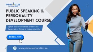Young adults practicing public speaking at PINNACLE Dubai confidence course