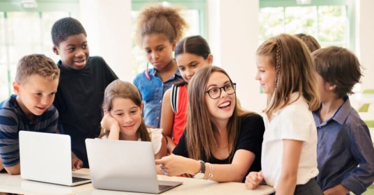 Young students learning teamwork and social skills activities