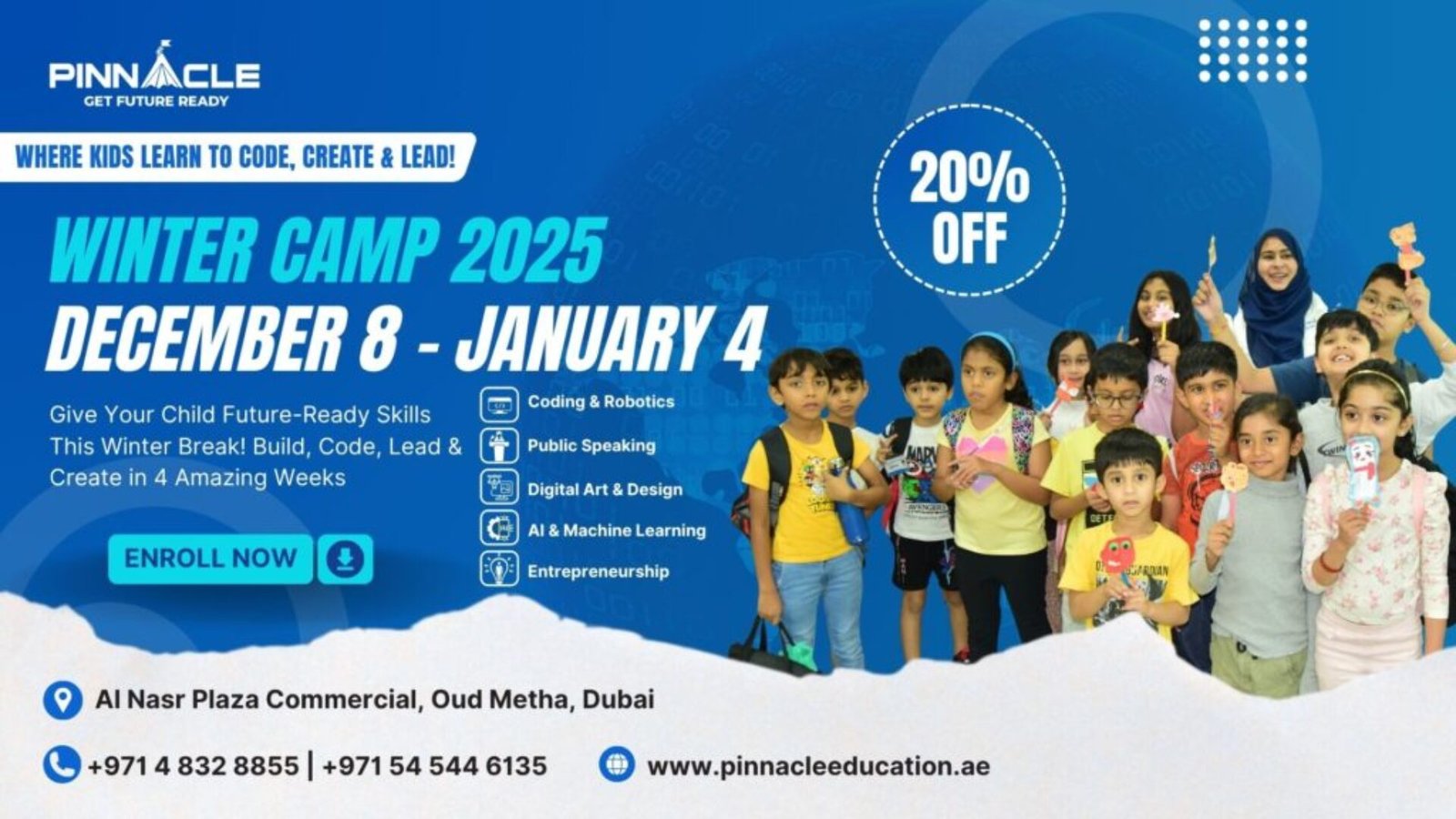 Winter camp Dubai 2025 - Kids learning coding robotics and AI at PINNACLE Oud Metha December January